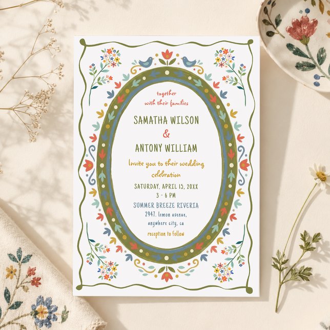 Invitación de boda de pájaros florales folk capric (Subido por el creador)