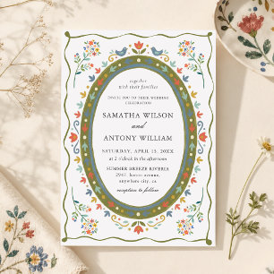 Invitación de boda de pájaros florales folk capric