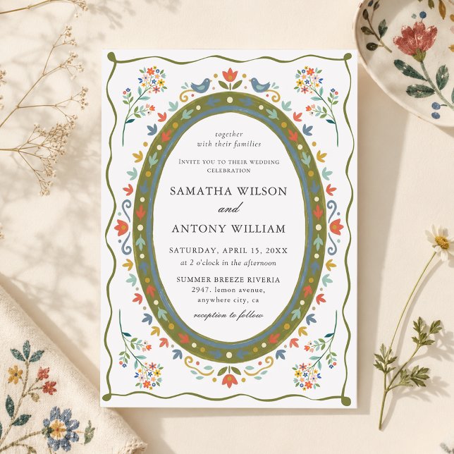 Invitación de boda de pájaros florales folk capric (Subido por el creador)