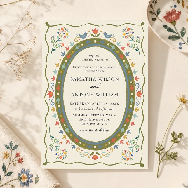 Invitación de boda de pájaros florales folk capric (Subido por el creador)