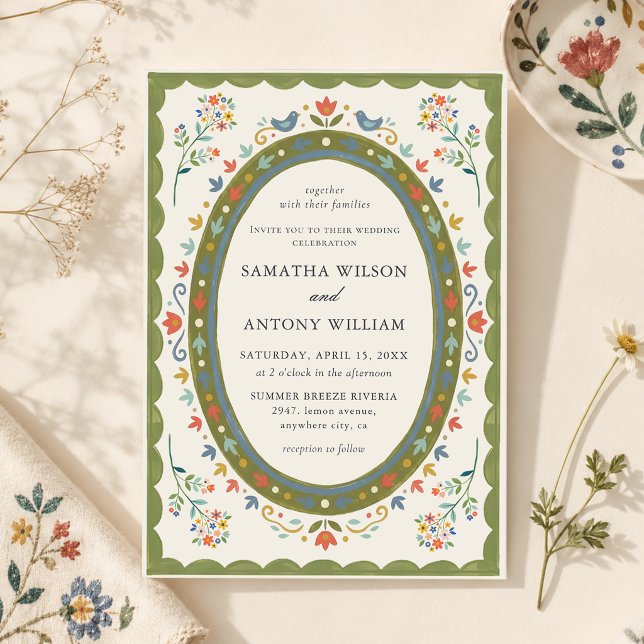 Invitación de boda de pájaros florales folk capric (Subido por el creador)