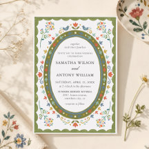 Invitación de boda de pájaros florales folk capric
