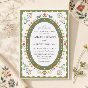 Invitación de boda de pájaros florales folk capric