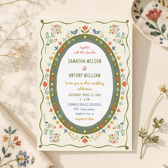 Invitación de boda de pájaros florales folk capric (Subido por el creador)