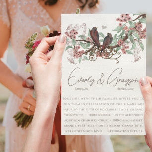 Invitación de boda de pájaros florales vintage ros