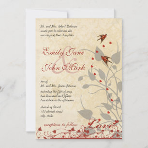 Invitación de boda de pájaros rojos vintage