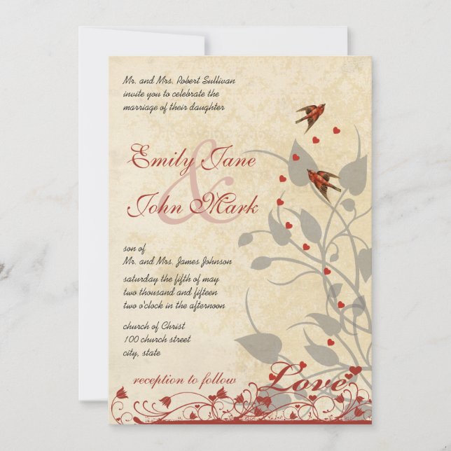 Invitación de boda de pájaros rojos vintage (Anverso)