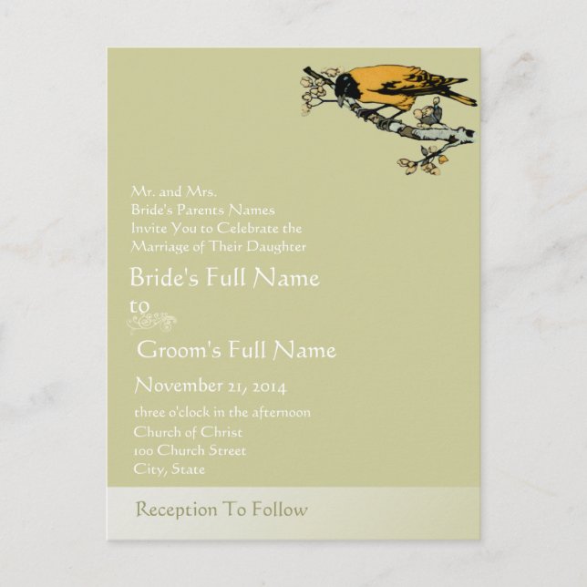 Invitación de boda de pájaros vintage (Anverso)
