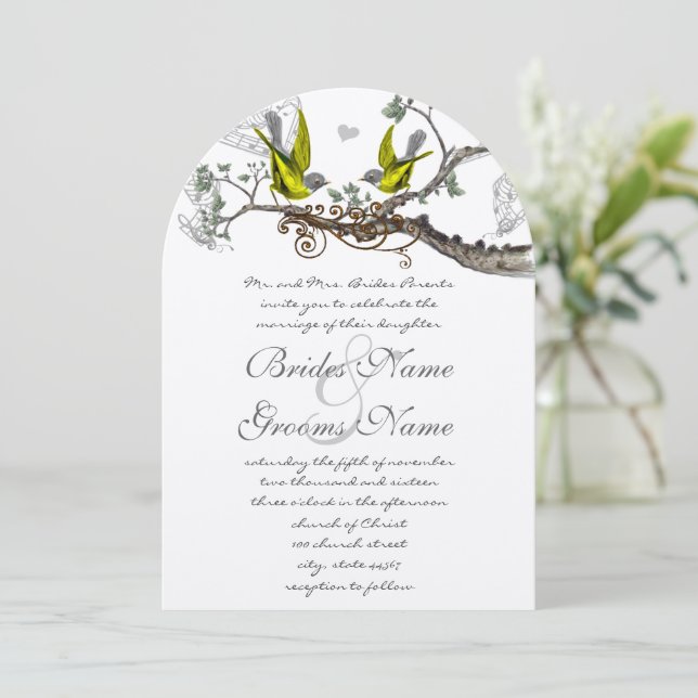 Invitación de boda de pájaros vintage amarillos y  (Anverso de pie)