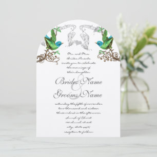 Invitación de boda de pájaros vintage azul y verde