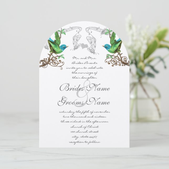 Invitación de boda de pájaros vintage azul y verde (Anverso de pie)