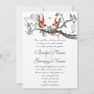 Invitación de boda de pájaros vintage coral y gris