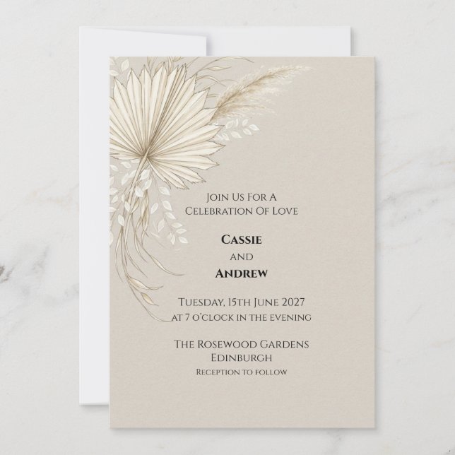 Invitación de boda de palma seca Boho (Anverso)