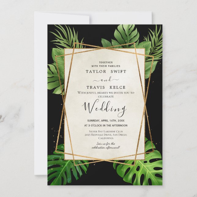 Invitación de boda de palma tropical negra (Anverso)