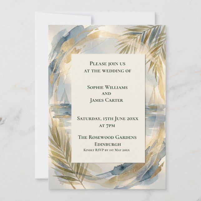 Invitación de boda de palmera costera (Anverso)