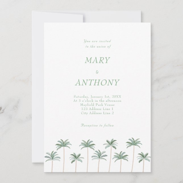 Invitación de boda de palmeras de playa (Anverso)