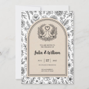 Invitación de boda de paloma botánica en negro y b
