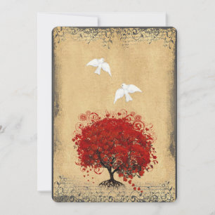 Invitación de boda de paloma de árbol rojo hoja co