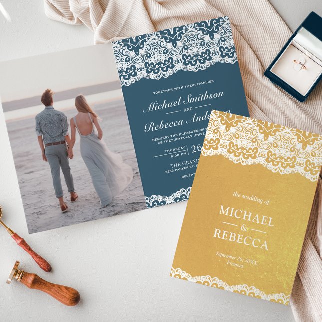 Invitación de boda de papel de aluminio dorado azu (Subido por el creador)