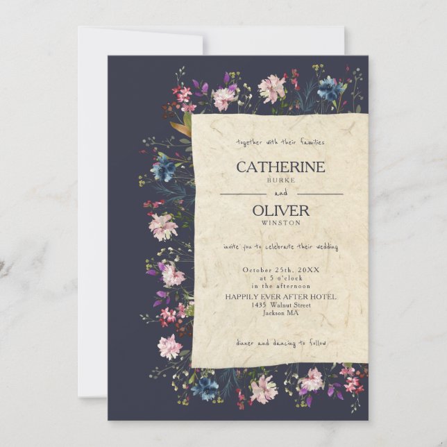 Invitación de Boda de Papel Hecho a Mano con Flor  (Anverso)