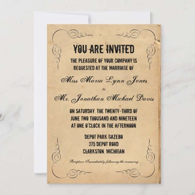 Invitación de boda de papel marrón Grunge (Anverso)