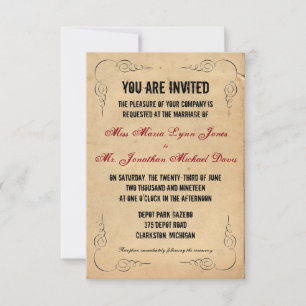 Invitación de boda de papel marrón Grunge 3x5 roja