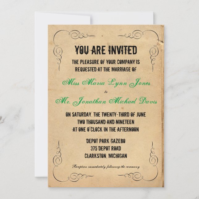 Invitación de boda de papel marrón Grunge verde (Anverso)