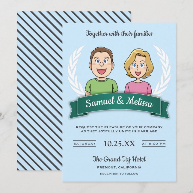 Invitación de boda de pareja de cómic linda modern (Anverso / Reverso)