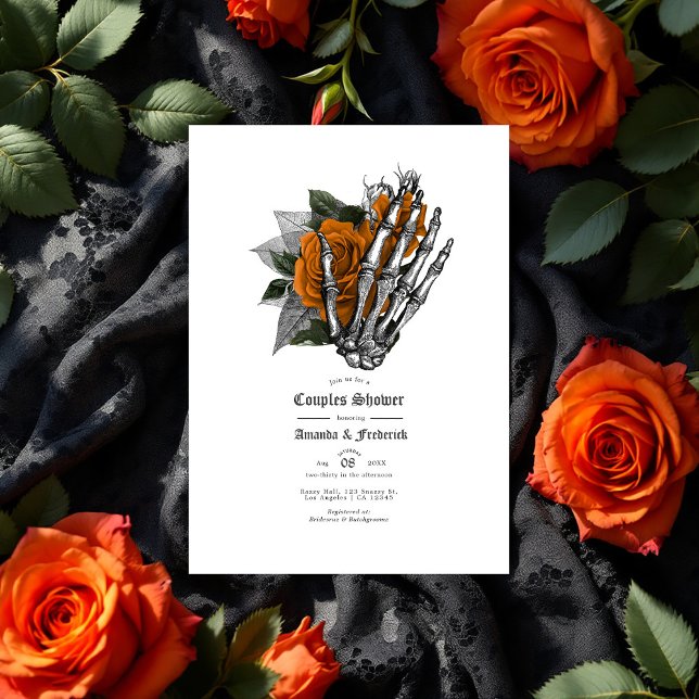 Invitación de boda de pareja de mano esquelética g (Gothic Skeleton Hand & Orange Rose Couples Shower Invitation)