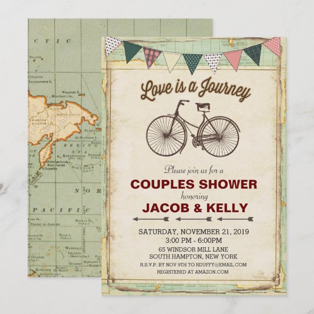 Invitación de boda de pareja de viaje en bicicleta (Anverso / Reverso)