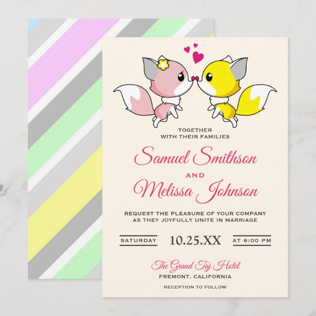 Invitación de boda de pareja de zorros románticos  (Anverso / Reverso)