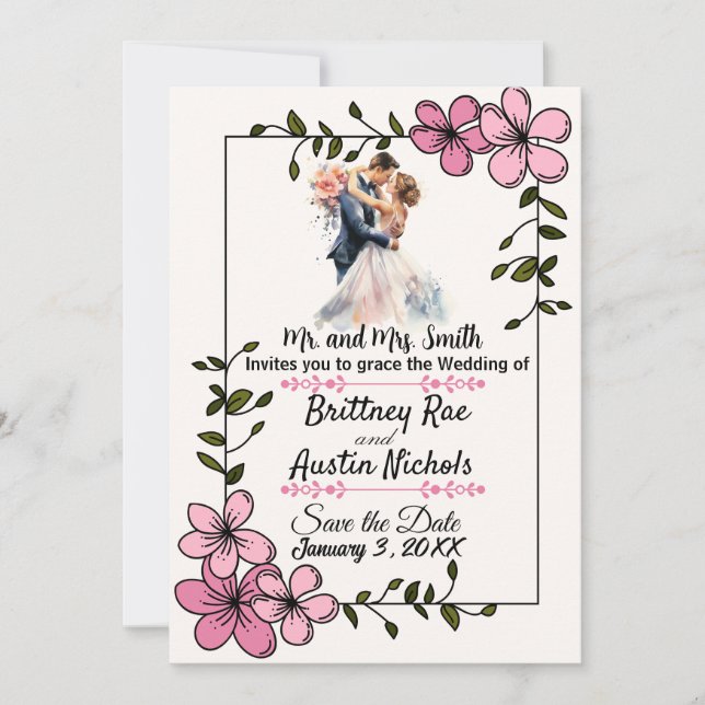 Invitación de boda de pareja elegante floral (Anverso)