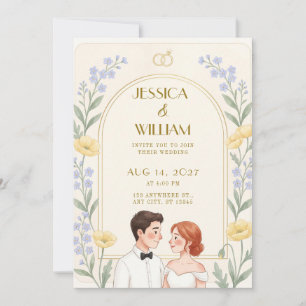 Invitación de boda de pareja floral azul marga