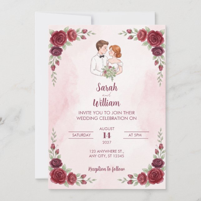Invitación de boda de pareja ilustrada con rosa ro (Anverso)
