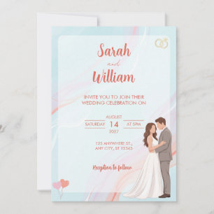 Invitación de boda de pareja ilustrada en pastel a