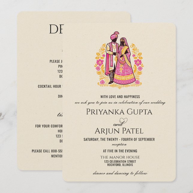 Invitación de boda de pareja india colorida (Anverso / Reverso)