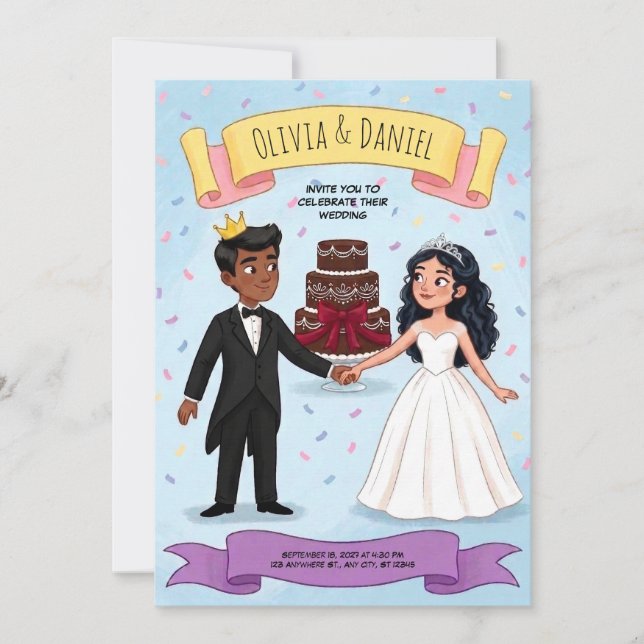 Invitación de boda de pareja linda de dibujos anim (Anverso)