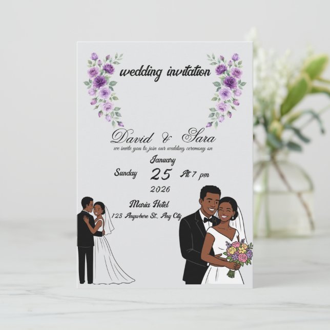 Invitación de boda de pareja negra ilustrada moder (Anverso de pie)