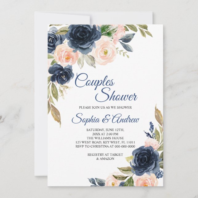 Invitación de boda de parejas con flores azules y  (Anverso)