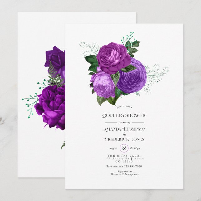 Invitación de boda de parejas con flores moradas y (Anverso / Reverso)