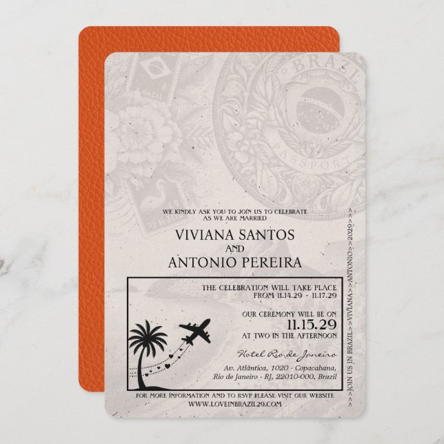 Invitación de boda de pasaporte de Brasil naranja (Anverso / Reverso)