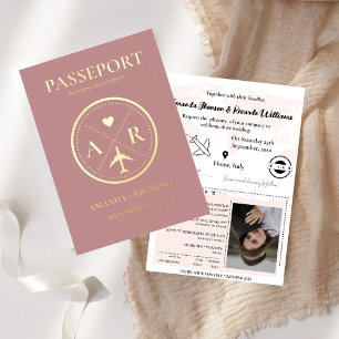 Invitación de boda de pasaporte de oro y oscuro ma