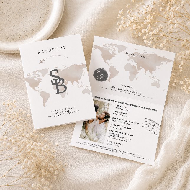 Invitación de boda de pasaporte del mapa mundial b (Elegant Beige Map Passport Wedding Invitation)