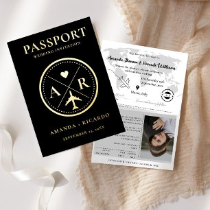 Invitación de boda de pasaporte dorado y negro