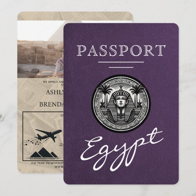 Invitación de boda de pasaporte egipcio morado vio (Anverso / Reverso)