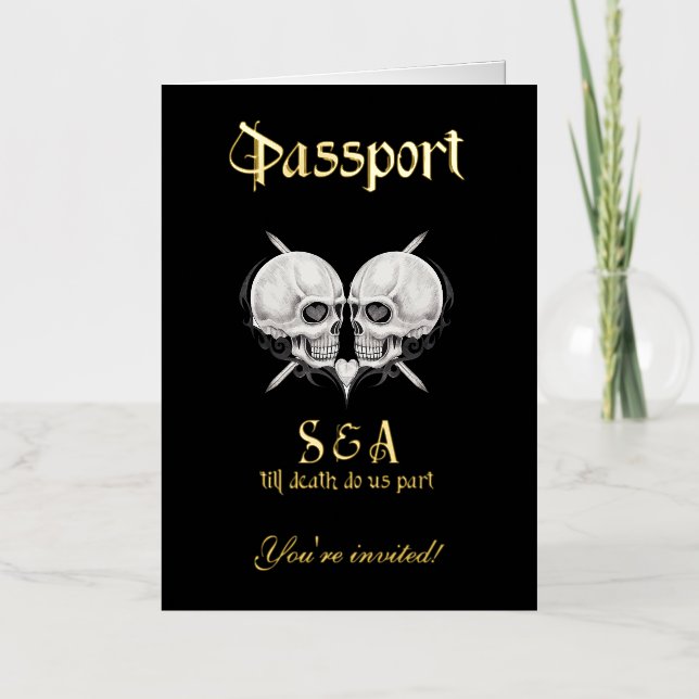 Invitación de boda de pasaporte esqueleto gótico n (Anverso)