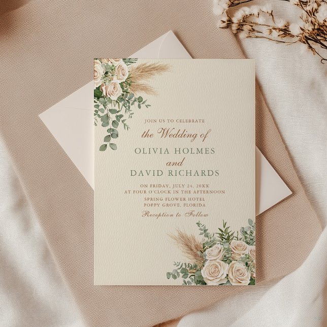 Invitación de Boda de Pasto de Pampas Beige Elegan (Boho Pampas Grass & White Rose Wedding Invitation with envelope on an elegant wedding table)