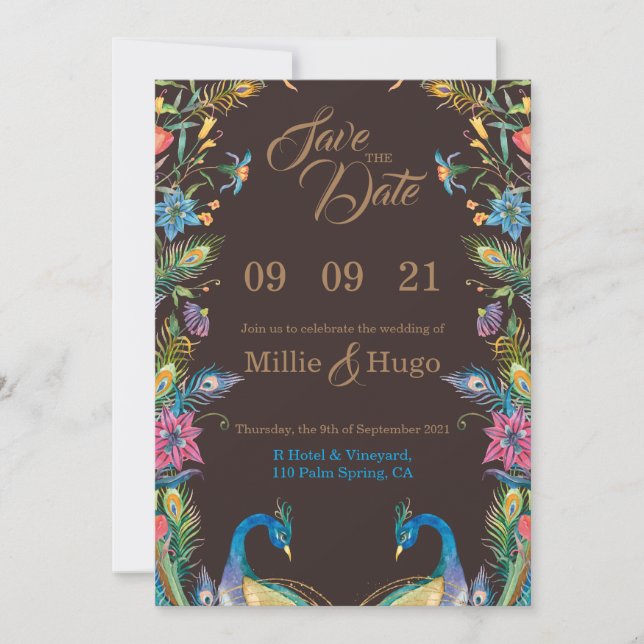 Invitación de boda de pavo real (Anverso)
