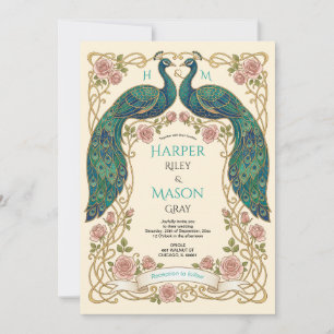 Invitación de Boda de Pavo Real Art Nouveau Floral