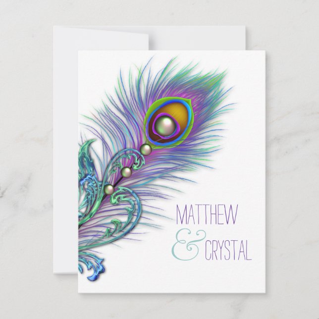 Invitación de boda de pavo real azul morado y verd (Anverso)